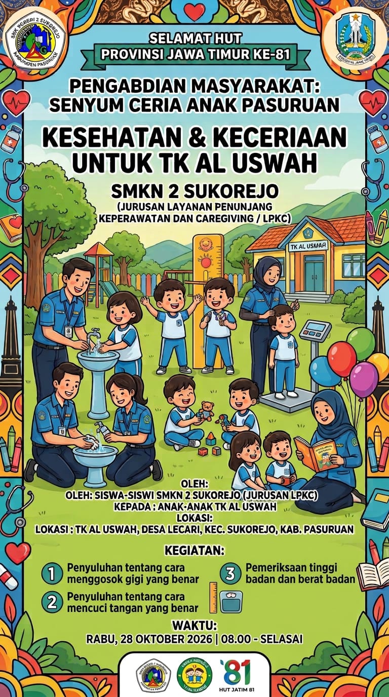 Siswa Layanan Penunjang Keperawatan & Caregiver SMKN 2 Sukorejo Gelar Edukasi PHBS dan Kesehatan Gigi untuk Anak TK
